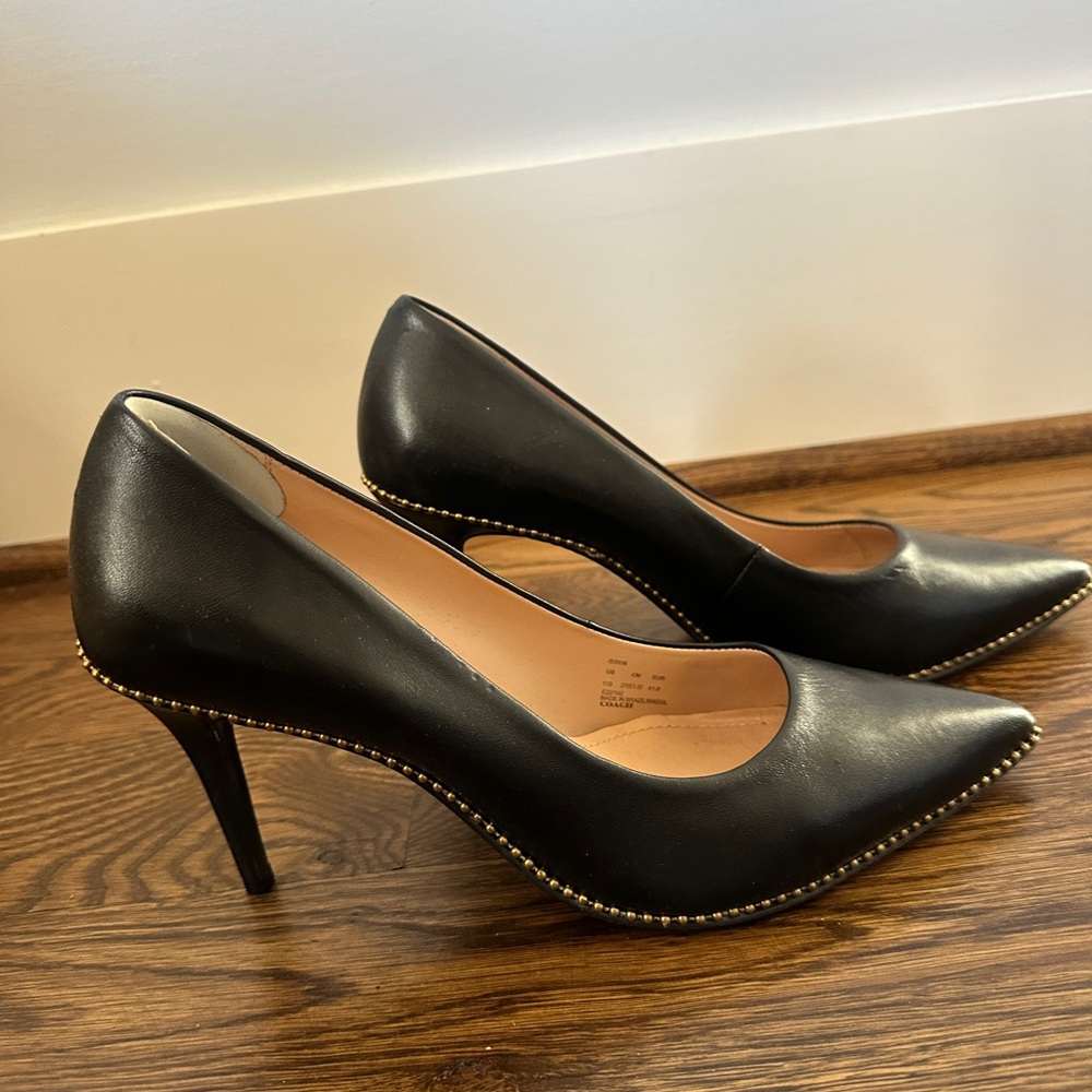 Coach Black Pointed-Toe Pumps with Gold Stud Trim